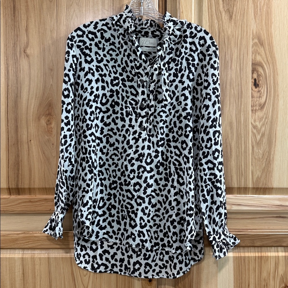 J. Crew Black and White Silk Animal Print Button Down Tie Neck Preppy Top